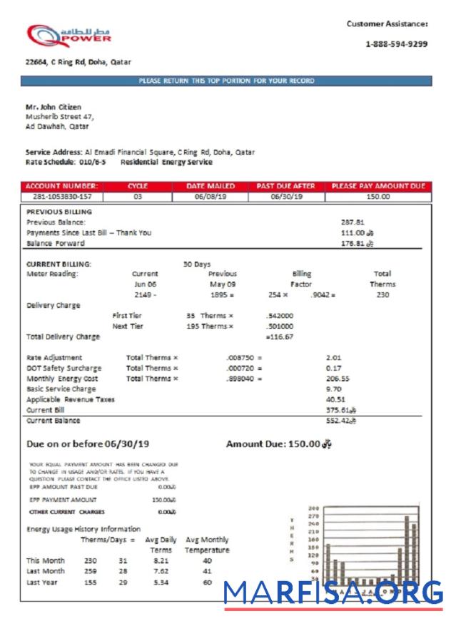 Realistic Qatar Power Company electricity utility bill template in Word and PDF format